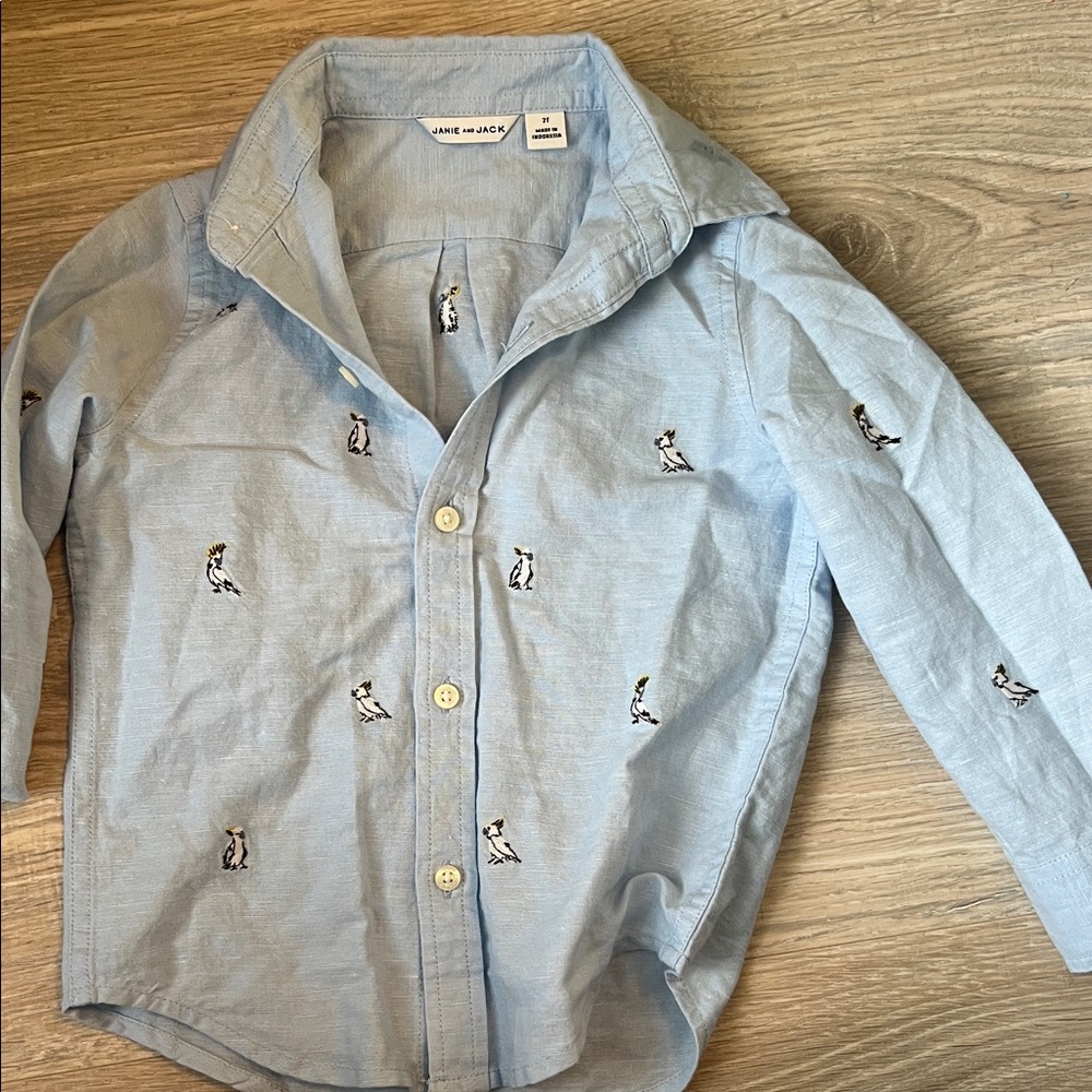 Janie and Jack Light Blue Penguin Button Down Shirt